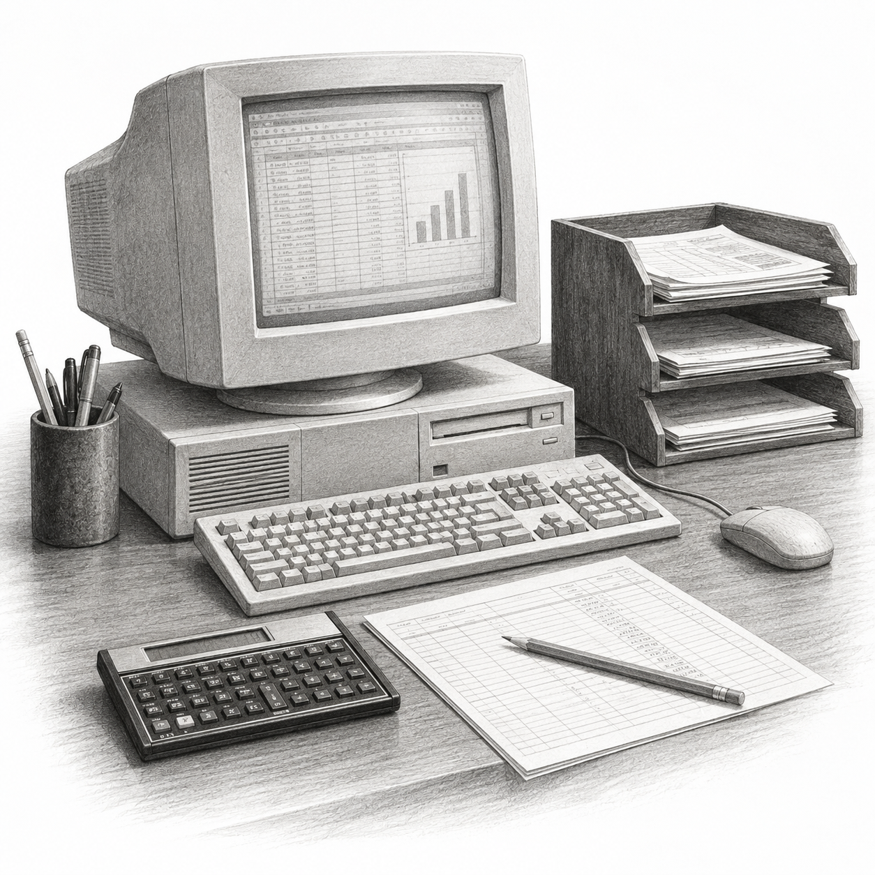 Mesa de escritório com computador antigo, planilha impressa e calculadora